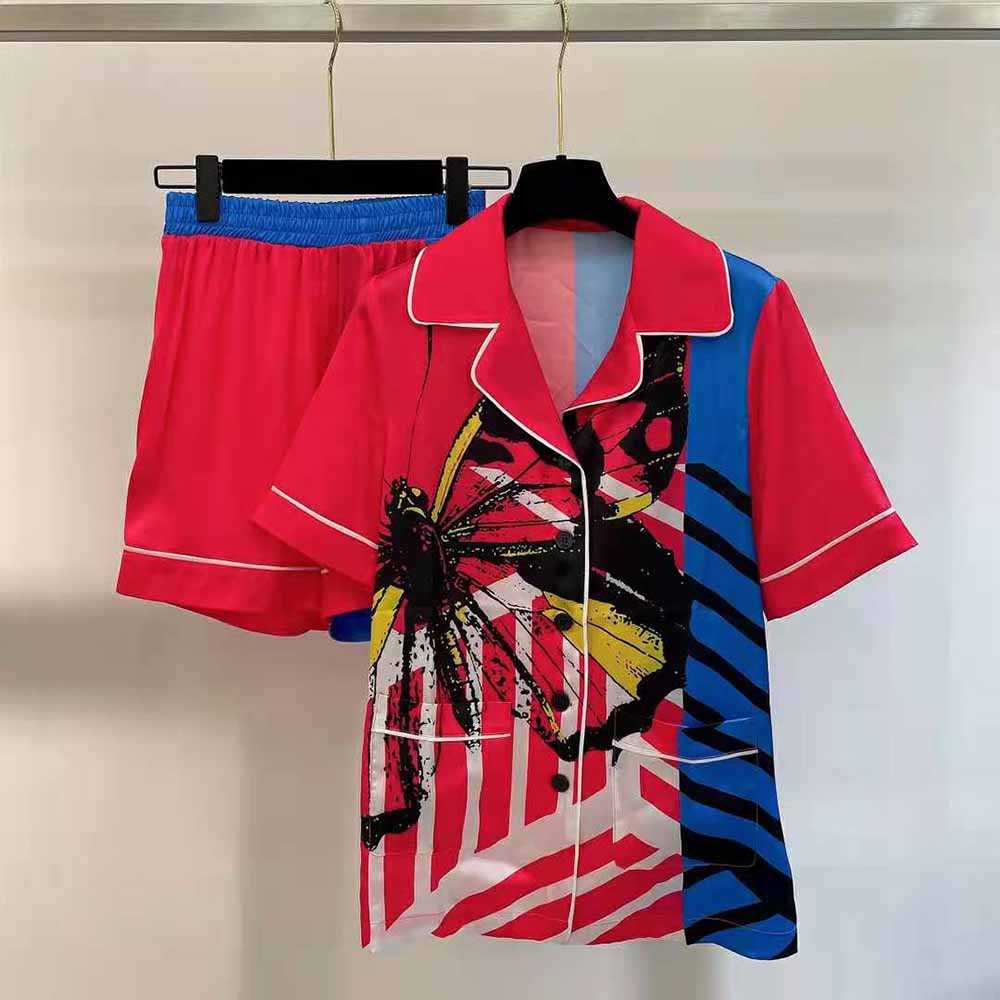 Dior Women Chez Moi Short-Sleeved Shirt Bright Pink and Fluorescent Blue D-Jungle Pop Silk Twill