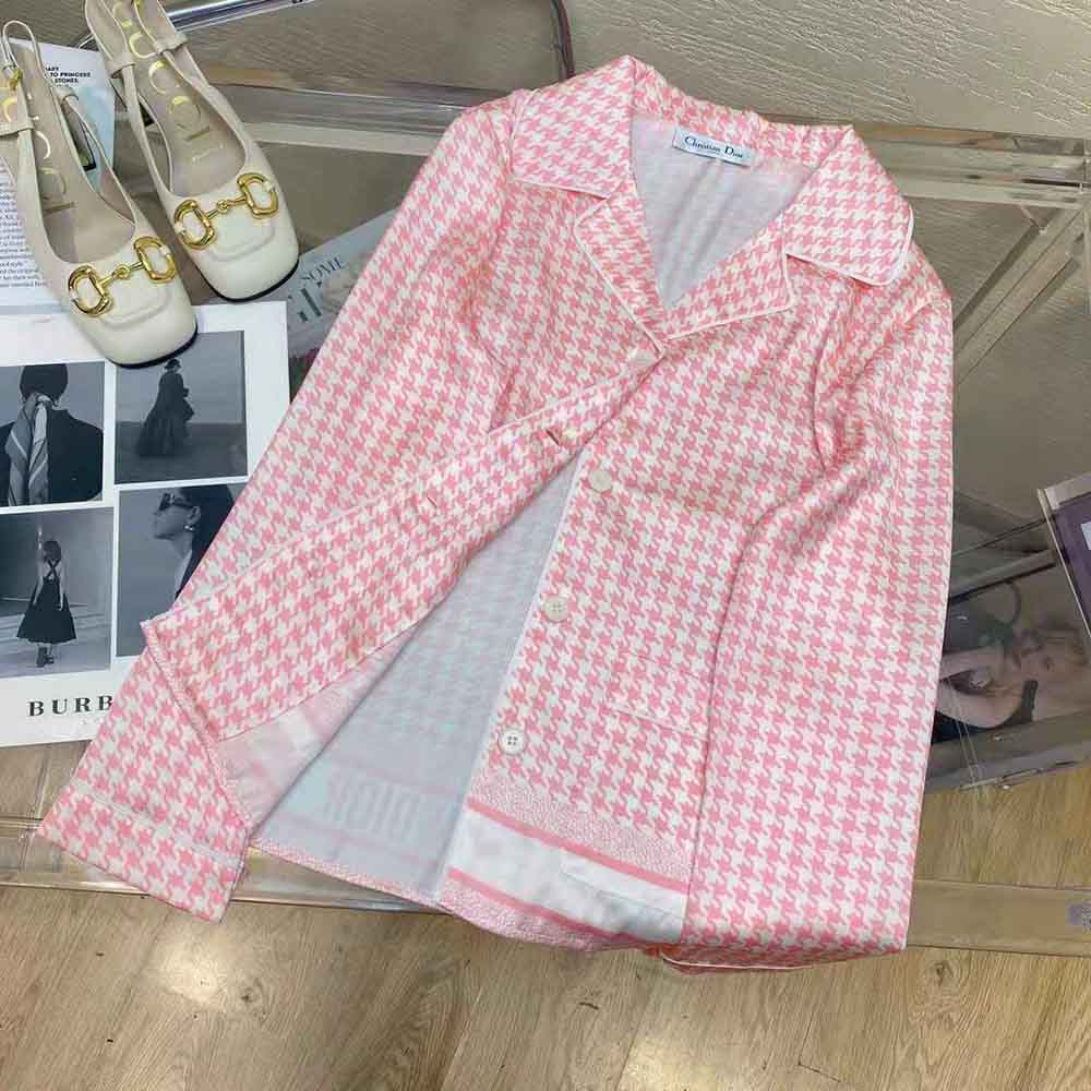 Dior Women Chez Moi Short-Sleeved Shirt Peony Pink Silk Twill with Micro Houndstooth Motif
