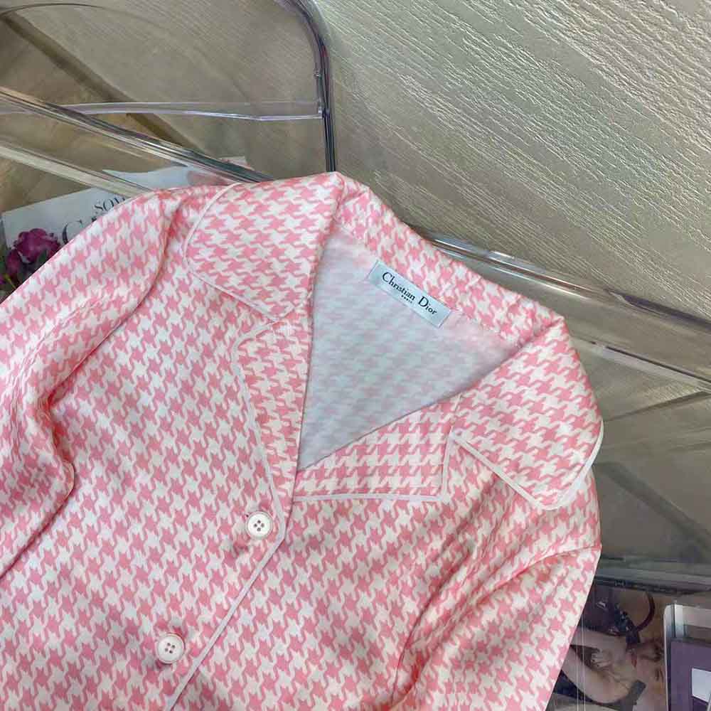 Dior Women Chez Moi Short-Sleeved Shirt Peony Pink Silk Twill with Micro Houndstooth Motif
