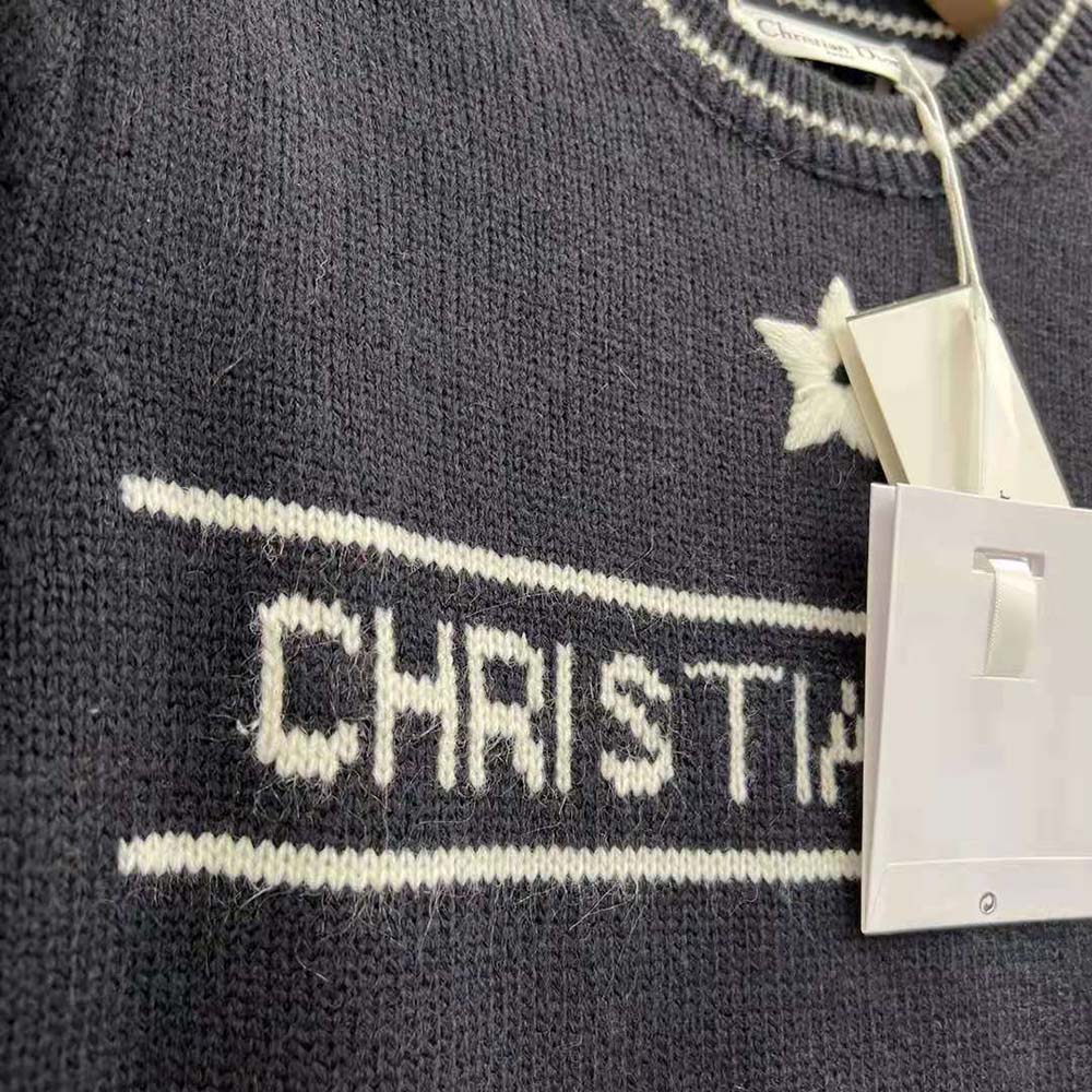 Dior Women Christian Dior Short-Sleeved Sweater Navy Blue Cashmere and Wool Knit