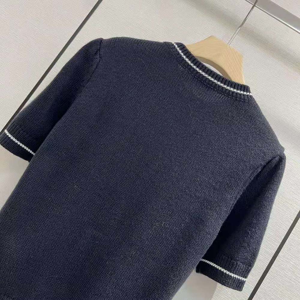 Dior Women Christian Dior Short-Sleeved Sweater Navy Blue Cashmere and Wool Knit