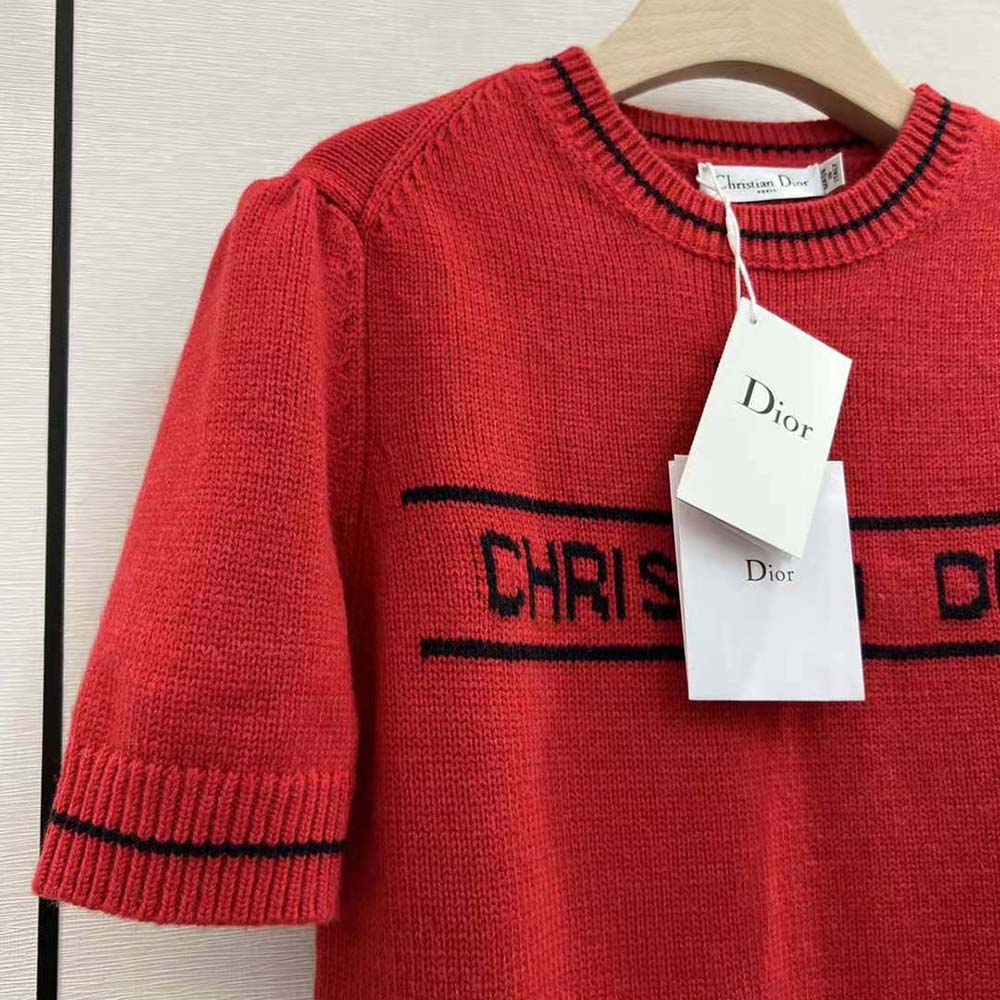 Dior Women Christian Dior Short-Sleeved Sweater Red Cashmere and Wool Knit