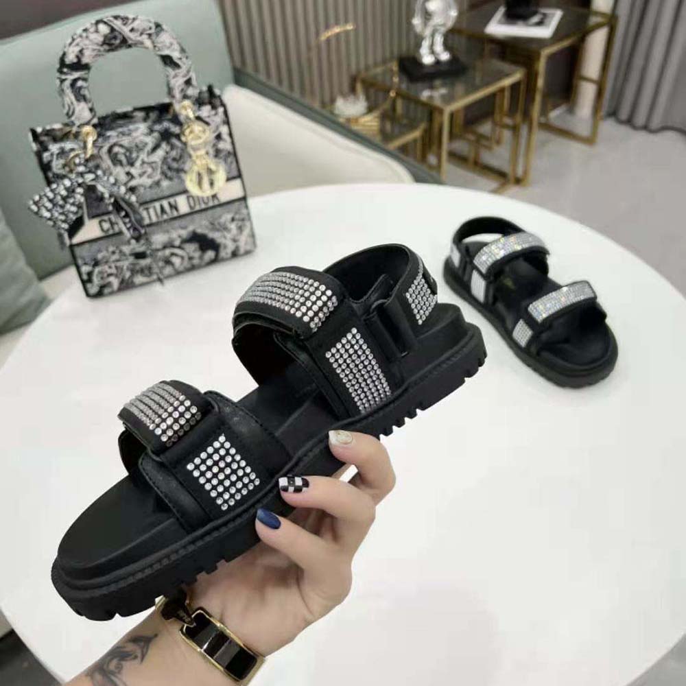 Dior Women Dioract Sandal Black Technical Fabric and White Resin Pearls