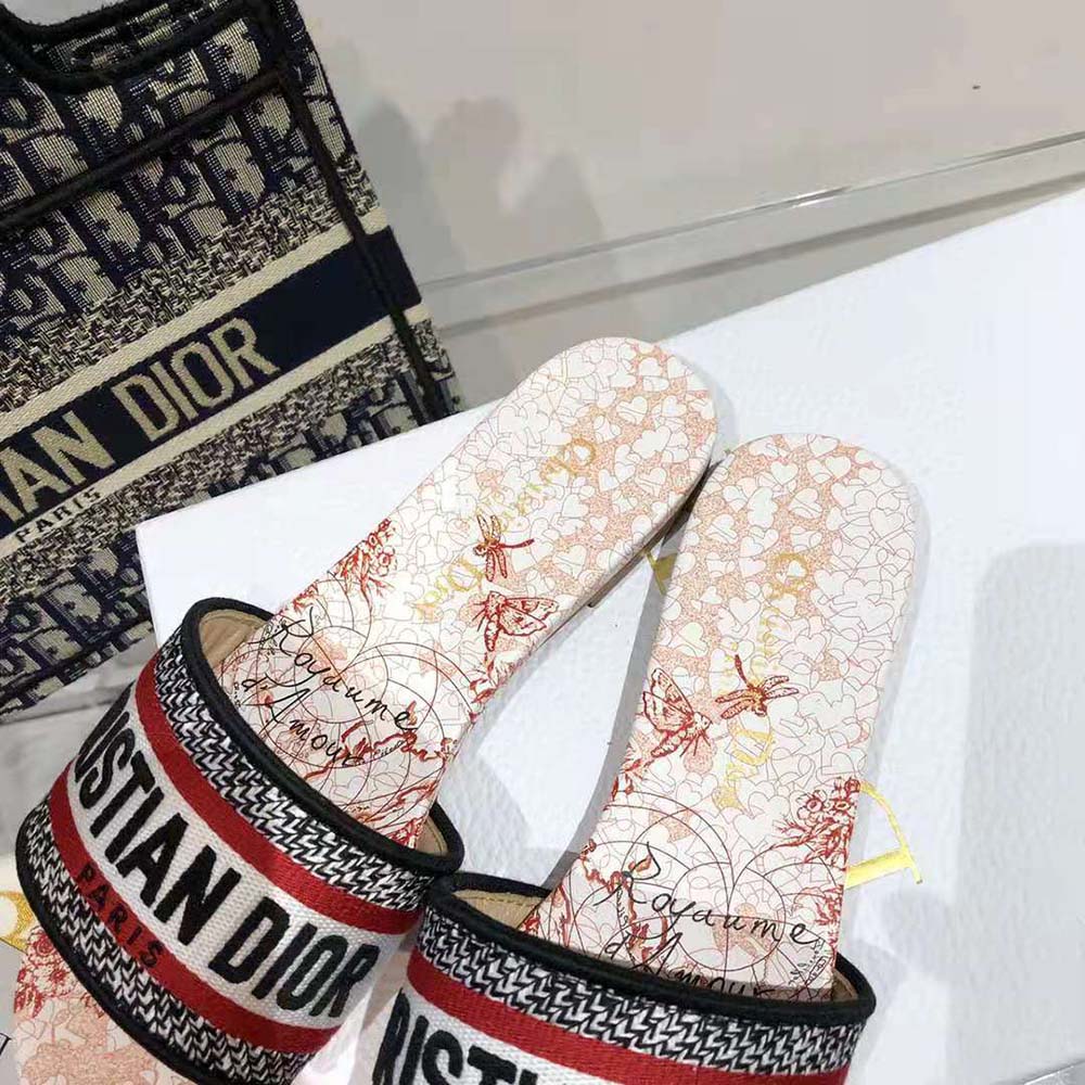 Dior Women Dway Dioramour Slide White and Red D-Royaume D Amour Embroidered Cotton