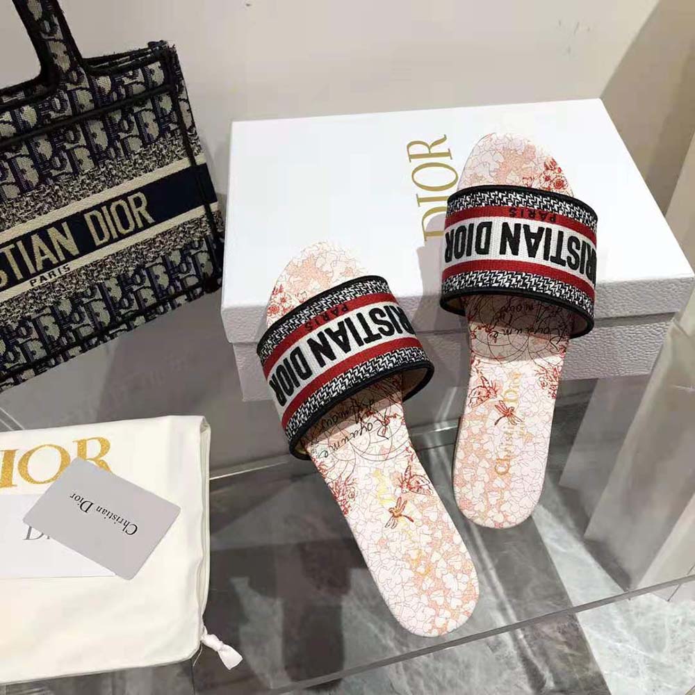 Dior Women Dway Dioramour Slide White and Red D-Royaume D Amour Embroidered Cotton