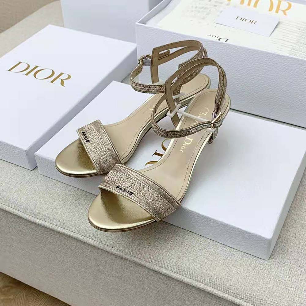 Dior Women Dway Heeled Sandal Gold-Tone Cotton Embroidered with Metallic Thread and Strass