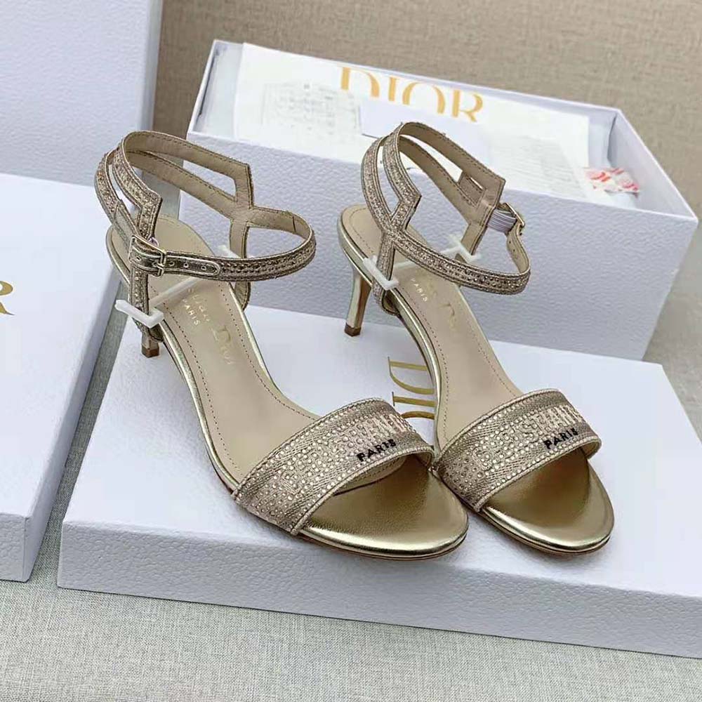 Dior Women Dway Heeled Sandal Gold-Tone Cotton Embroidered with Metallic Thread and Strass