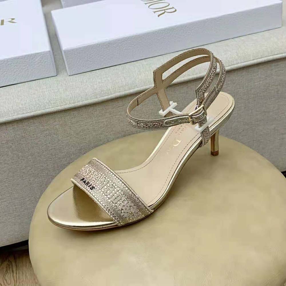 Dior Women Dway Heeled Sandal Gold-Tone Cotton Embroidered with Metallic Thread and Strass