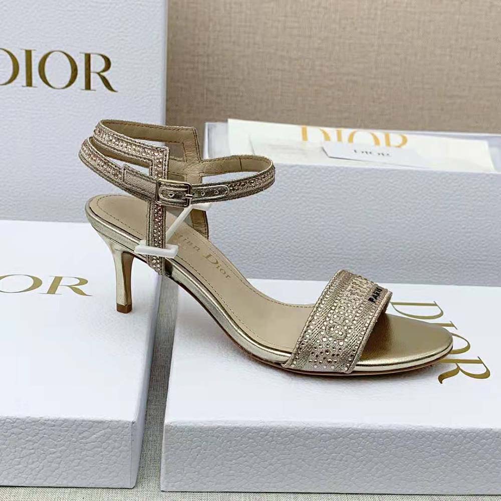 Dior Women Dway Heeled Sandal Gold-Tone Cotton Embroidered with Metallic Thread and Strass