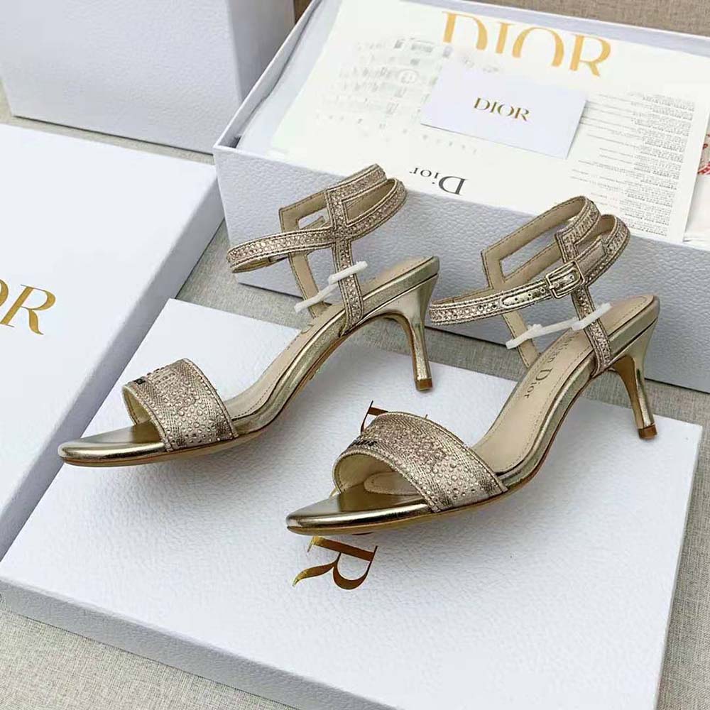 Dior Women Dway Heeled Sandal Gold-Tone Cotton Embroidered with Metallic Thread and Strass