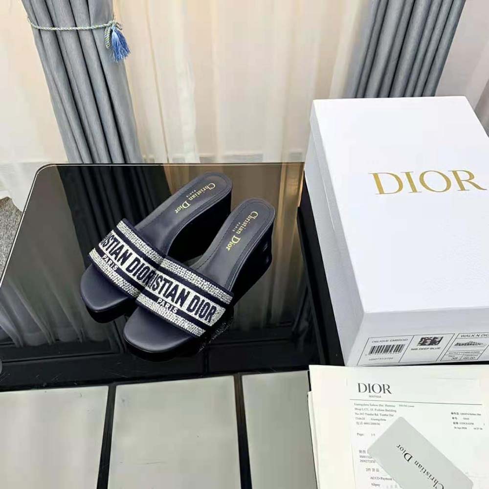 Dior Women Dway Heeled Slide Black Cotton Embroidered