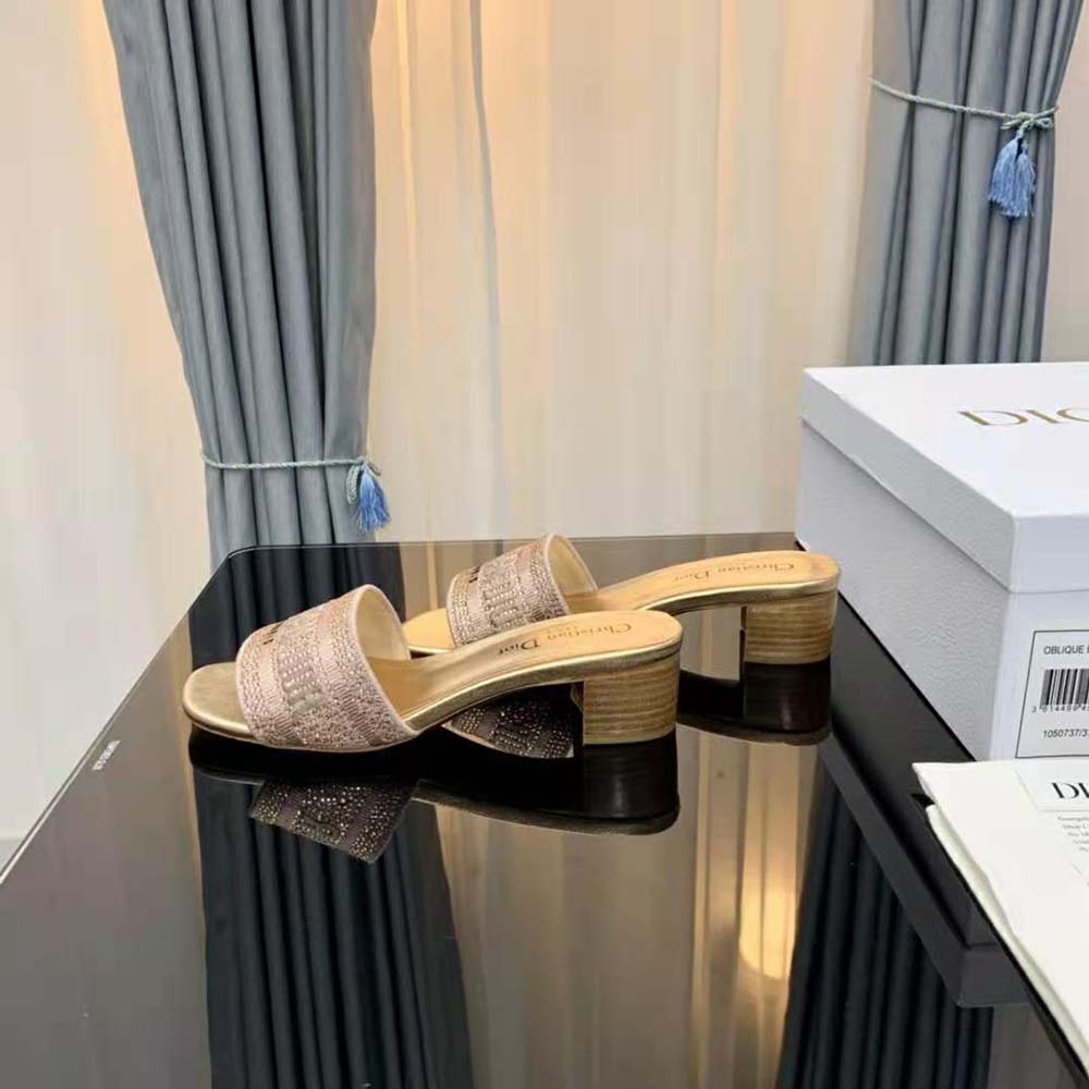 Dior Women Dway Heeled Slide Gold-Tone Cotton Embroidered