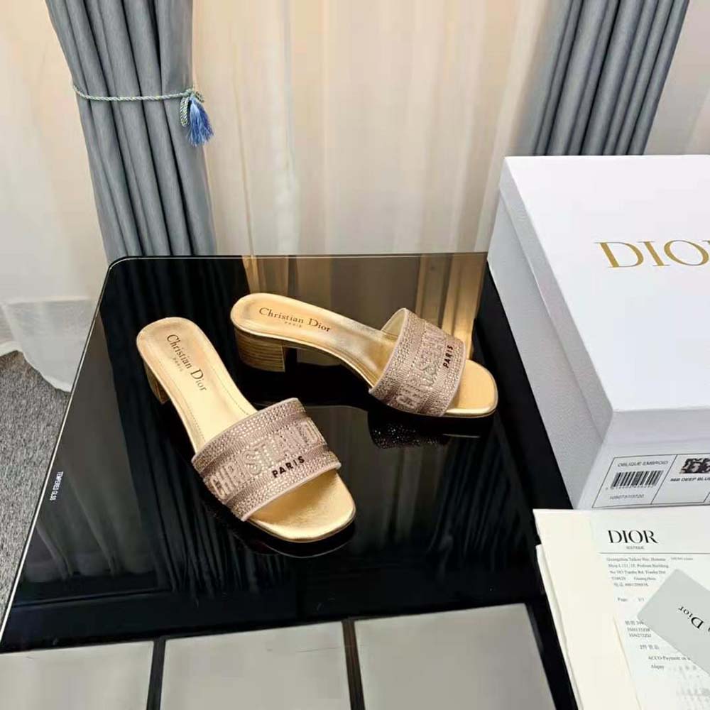 Dior Women Dway Heeled Slide Gold-Tone Cotton Embroidered