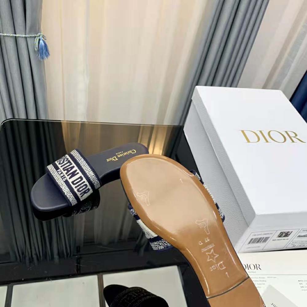 Dior Women Dway Slide Black Cotton Embroidery with Metallic Thread and Silver-Tone Strass