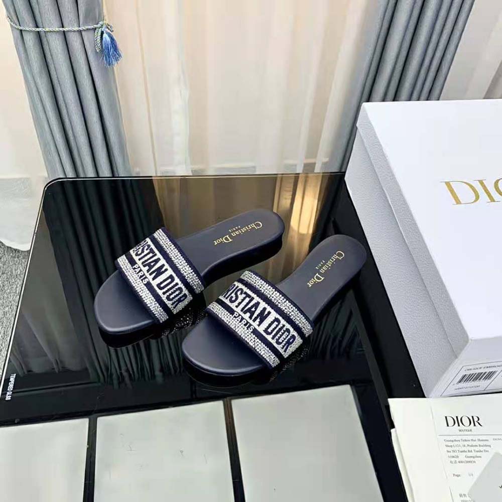 Dior Women Dway Slide Black Cotton Embroidery with Metallic Thread and Silver-Tone Strass