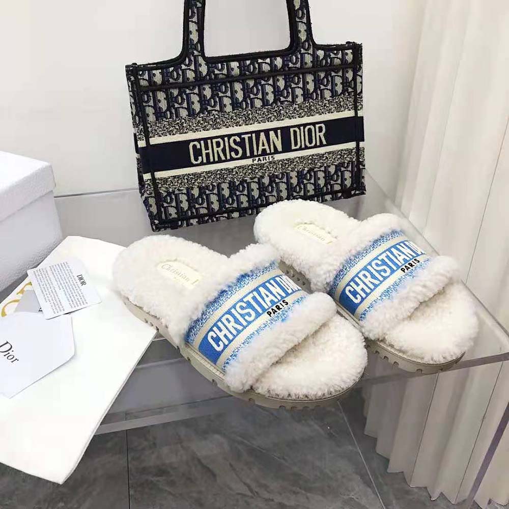Dior Women Dway Slide Cornflower Blue Embroidered Cotton and White Shearling