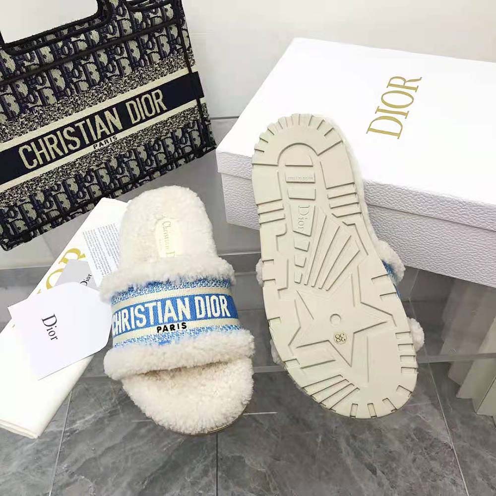 Dior Women Dway Slide Cornflower Blue Embroidered Cotton and White Shearling