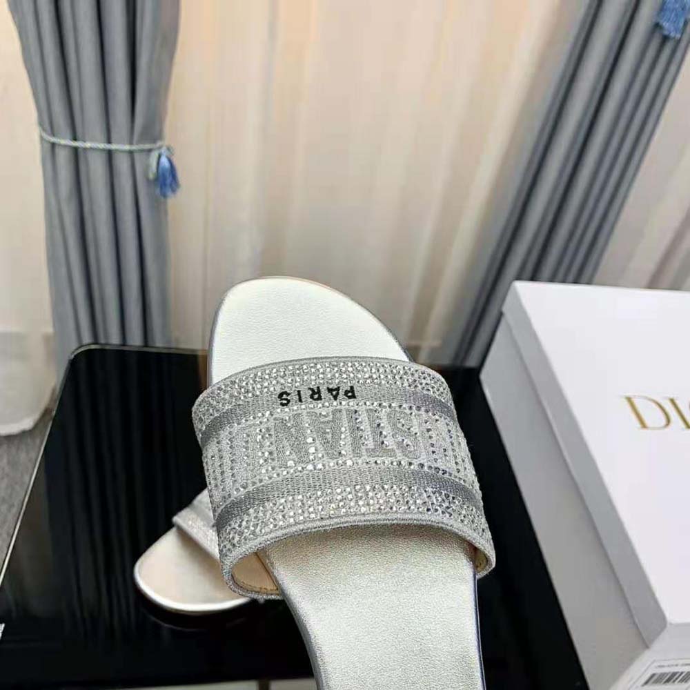 Dior Women Dway Slide Cotton Metallic Thread Embroidery and Silver-Tone Strass