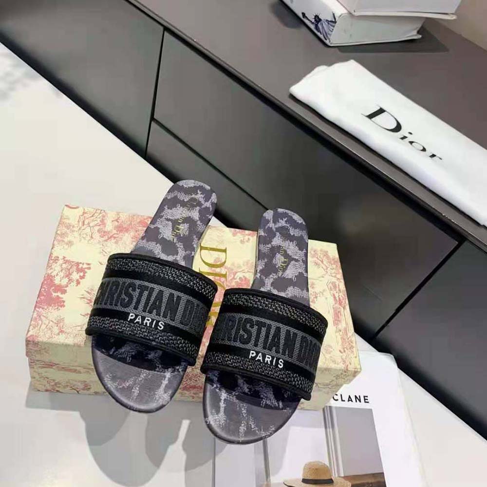 Dior Women Dway Slide Gray Mizza Embroidered Cotton and Metallic Thread