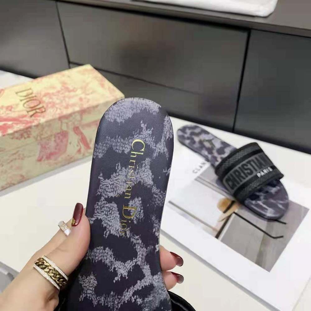Dior Women Dway Slide Gray Mizza Embroidered Cotton and Metallic Thread