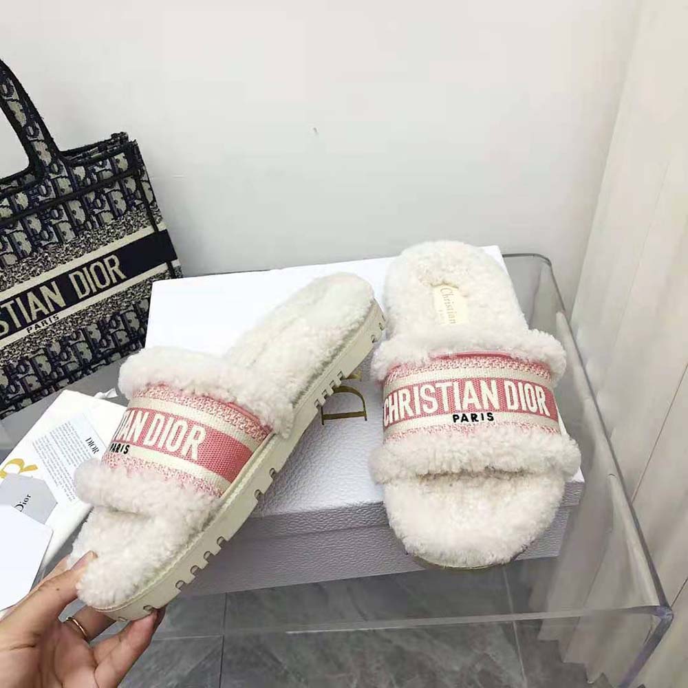 Dior Women Dway Slide Peony Pink Embroidered Cotton and White Shearling