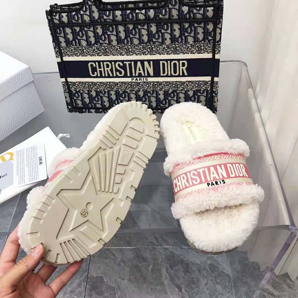 Dior Women Dway Slide Peony Pink Embroidered Cotton and White Shearling