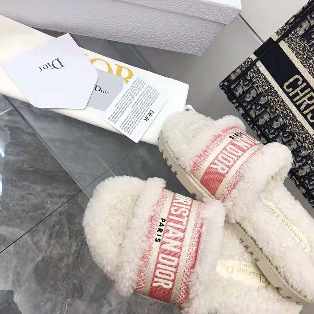 Dior Women Dway Slide Peony Pink Embroidered Cotton and White Shearling