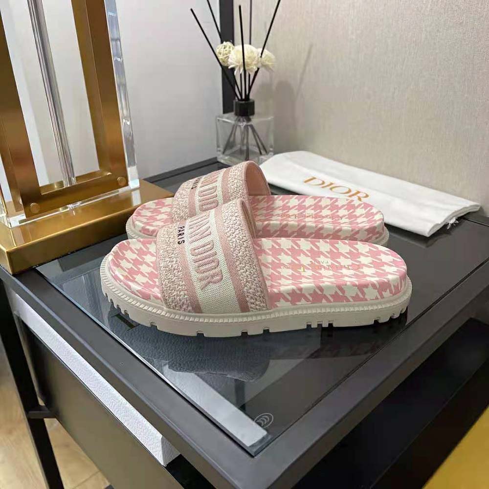Dior Women Dway Slide Peony Pink Embroidered Cotton with Micro Houndstooth Motif