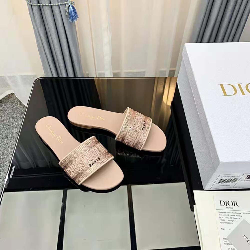 Dior Women Dway Slide Rose Des Vents Cotton Embroidered with Metallic Thread and Strass