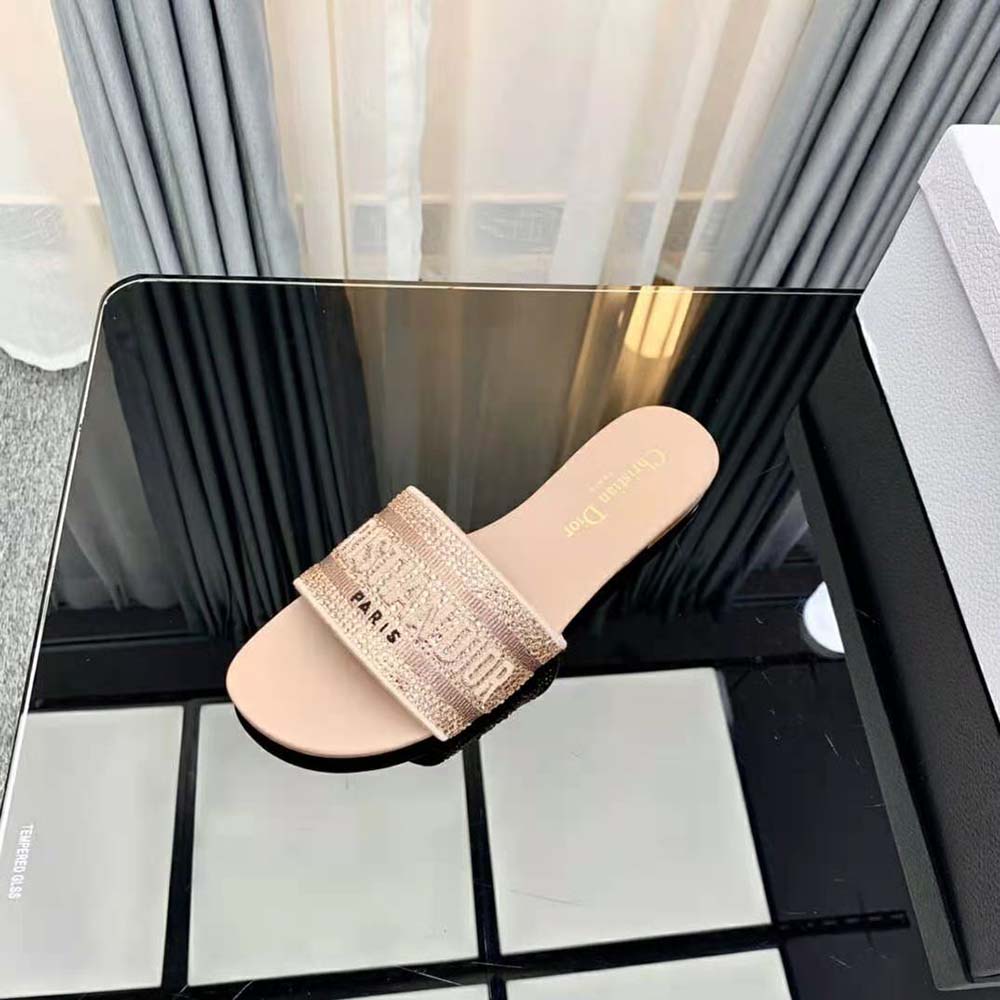 Dior Women Dway Slide Rose Des Vents Cotton Embroidered with Metallic Thread and Strass