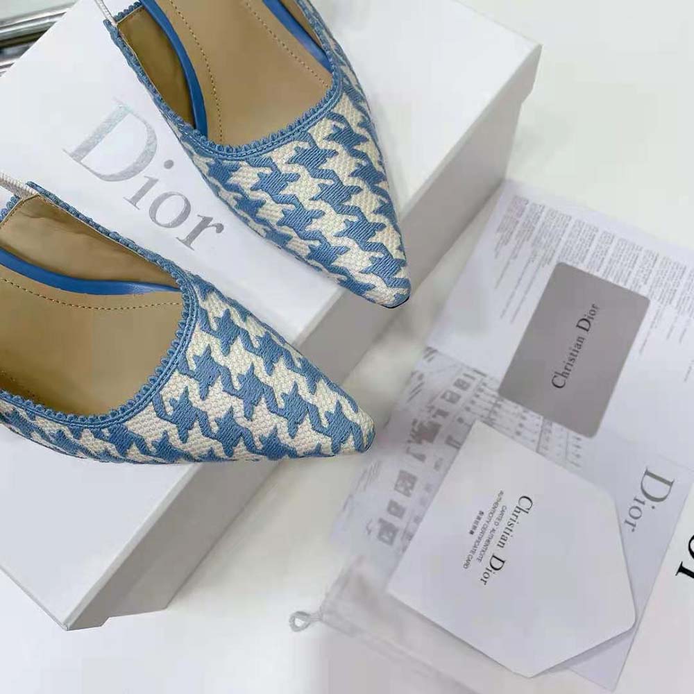 Dior Women J Adior Slingback Pump Cornflower Blue Cotton Embroidery with Micro Houndstooth Motif