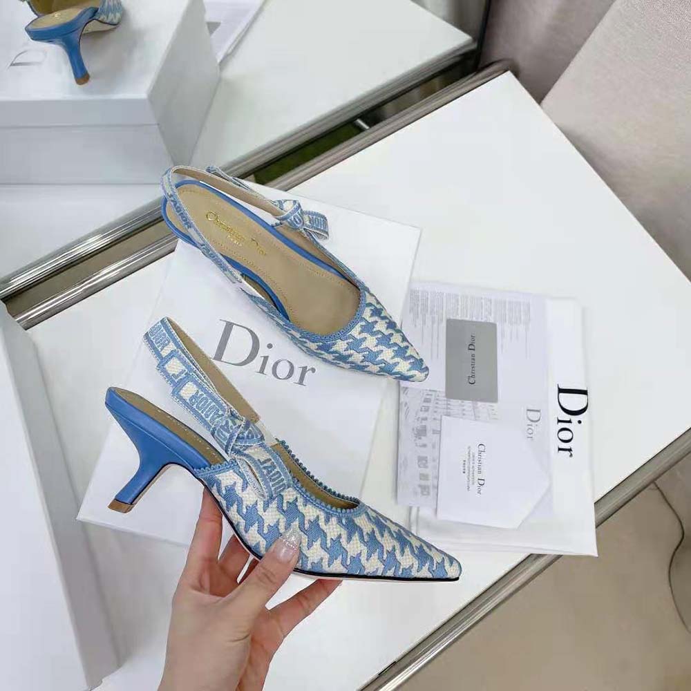 Dior Women J Adior Slingback Pump Cornflower Blue Cotton Embroidery with Micro Houndstooth Motif