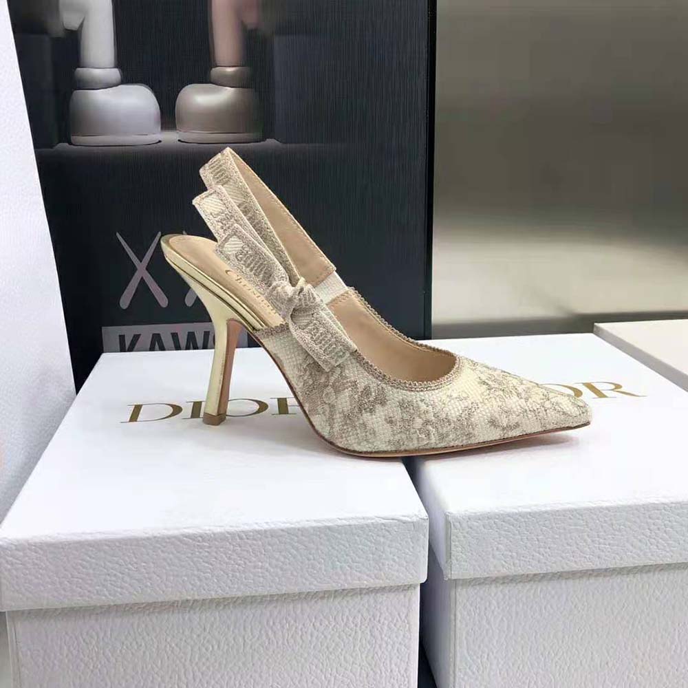 Dior Women J adior Slingback Pump White and Gold-Tone Toile de Jouy Embroidered Cotton