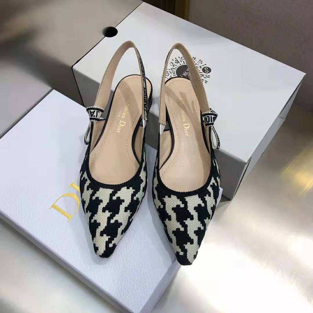 Dior Women J’Adior Slingback Ballerina Flat Black and White Cotton Embroidery