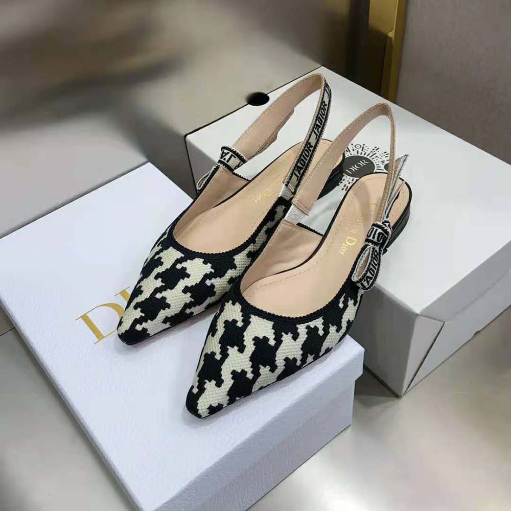Dior Women J’Adior Slingback Ballerina Flat Black and White Cotton Embroidery