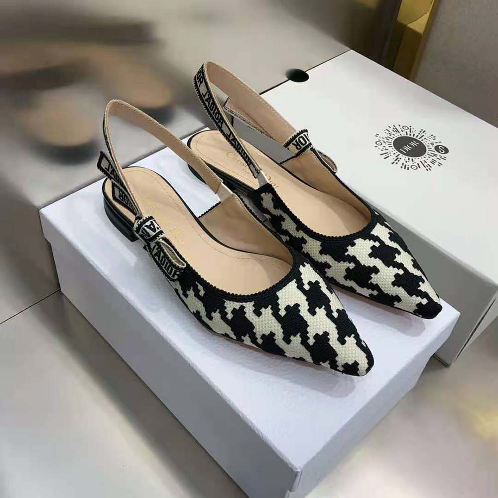 Dior Women J’Adior Slingback Ballerina Flat Black and White Cotton Embroidery
