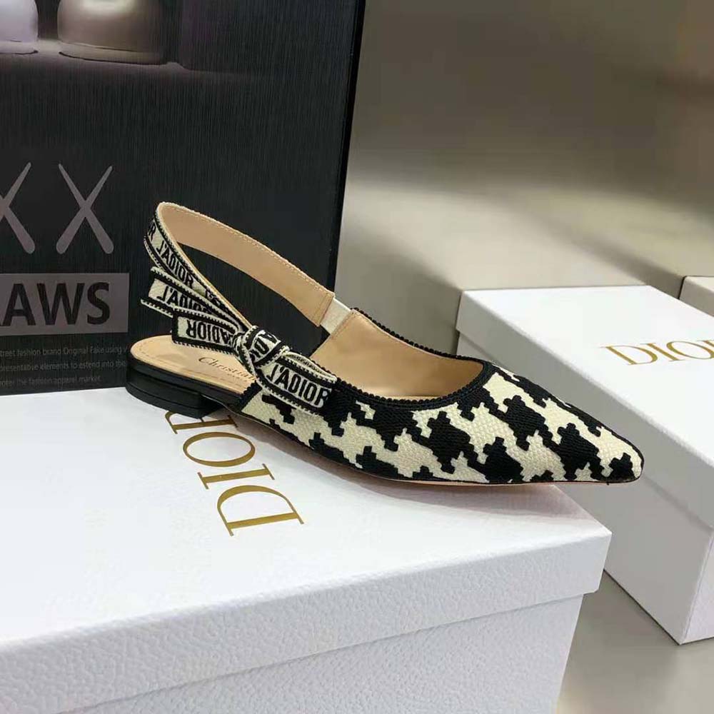 Dior Women J’Adior Slingback Ballerina Flat Black and White Cotton Embroidery