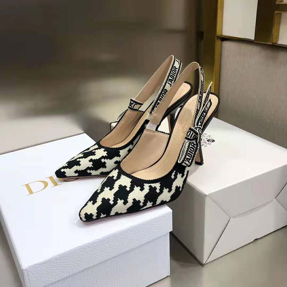 Dior Women J’Adior Slingback Pump Black and White Cotton Embroidery with Macro Houndstooth Motif