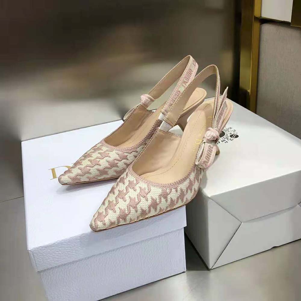 Dior Women J’Adior Slingback Pump Rose Des Vents Cotton Embroidery with Micro Houndstooth Motif