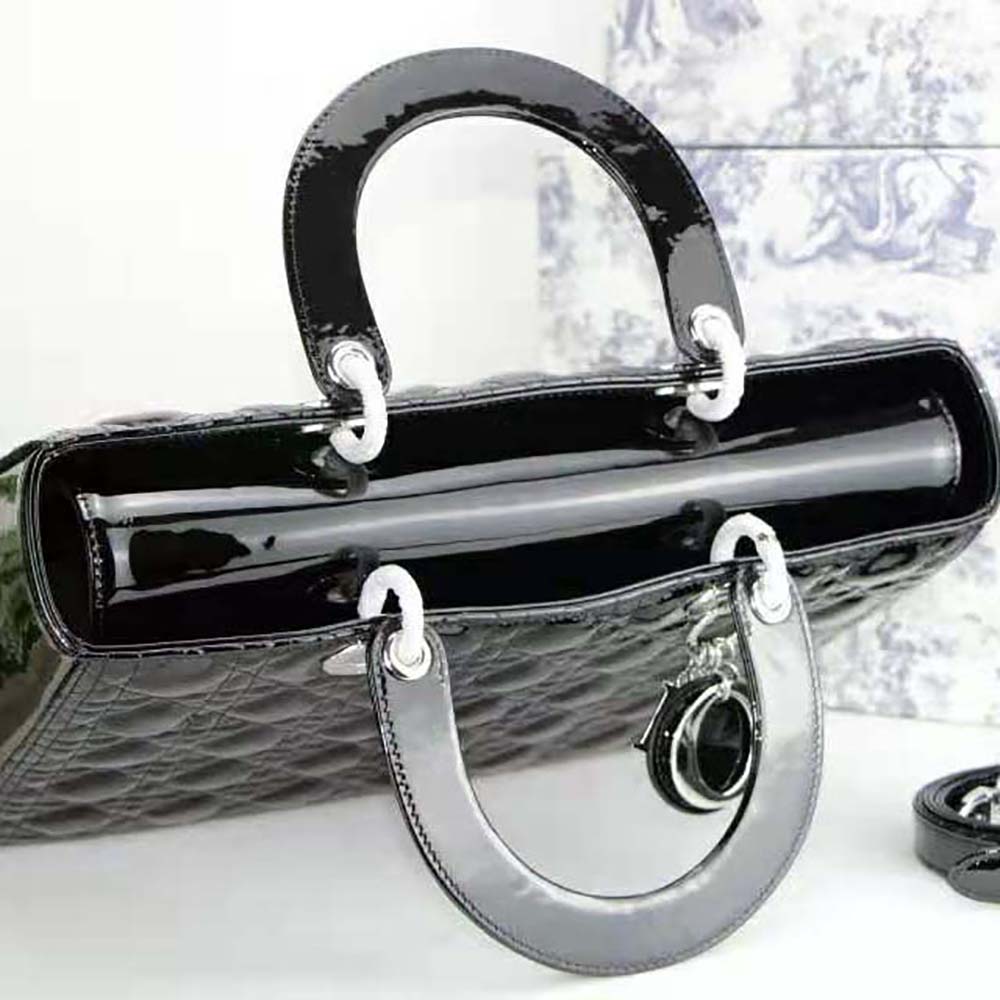 Dior Women Large Lady Dior Bag Black Patent Cannage Calfskin