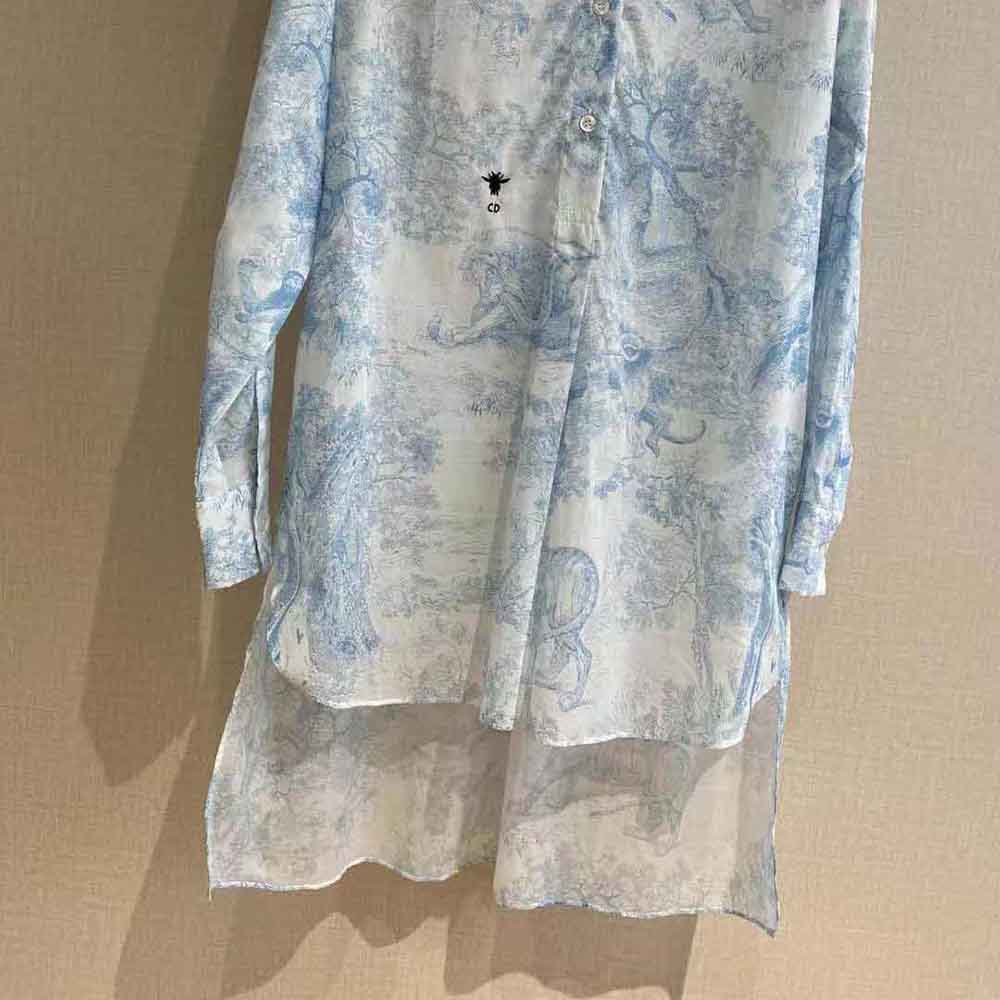 Dior Women Long Blouse Cornflower Blue Cotton Voile with Toile de Jouy Motif