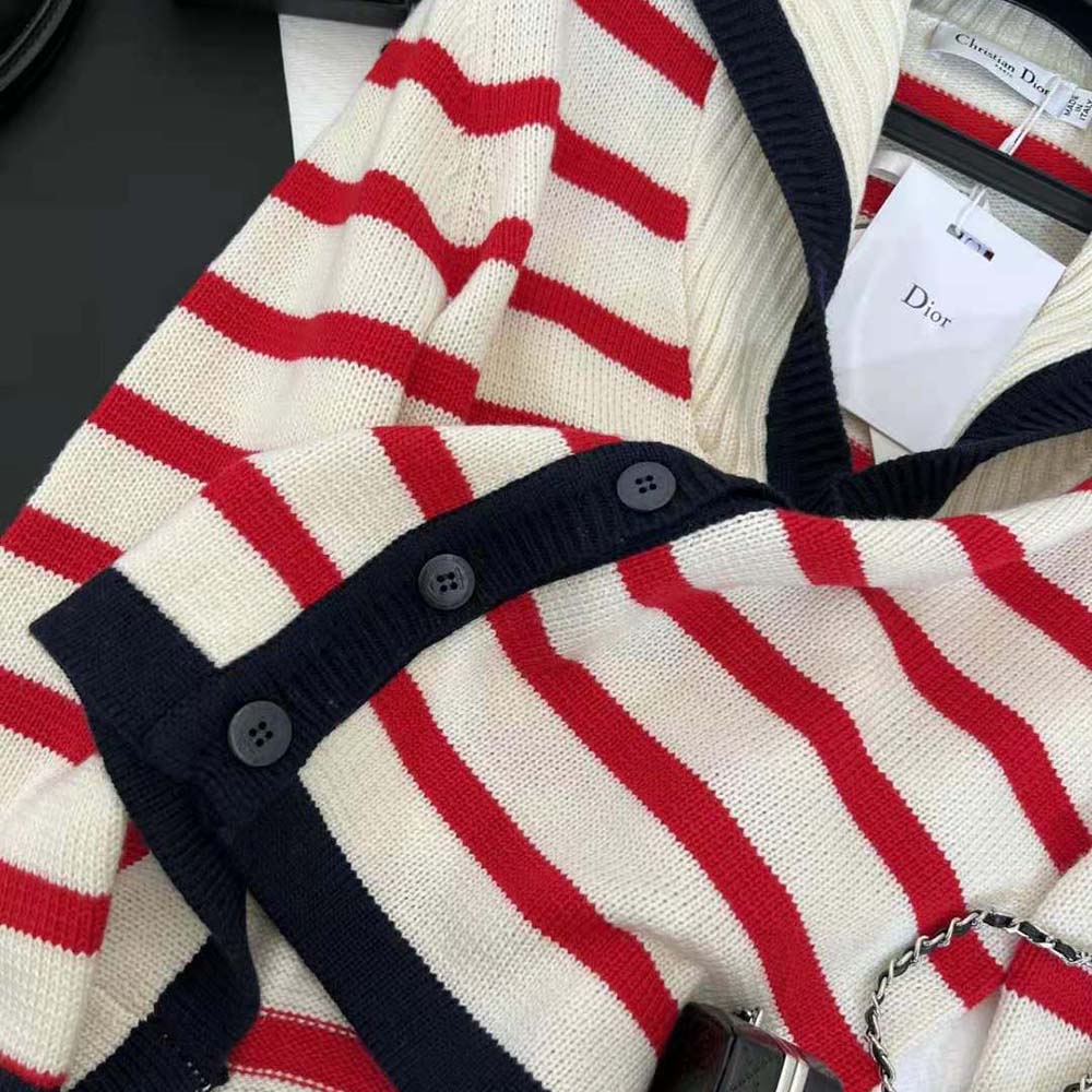 Dior Women Mariniere Cardigan Red and Ecru D-Stripes Ribbed Wool and Cashmere Knit