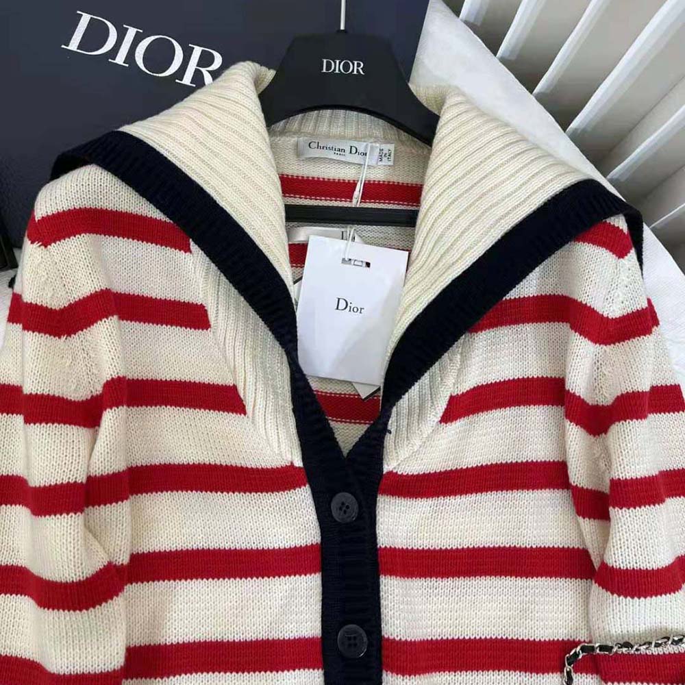 Dior Women Mariniere Cardigan Red and Ecru D-Stripes Ribbed Wool and Cashmere Knit