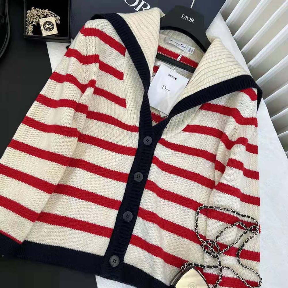 Dior Women Mariniere Cardigan Red and Ecru D-Stripes Ribbed Wool and Cashmere Knit