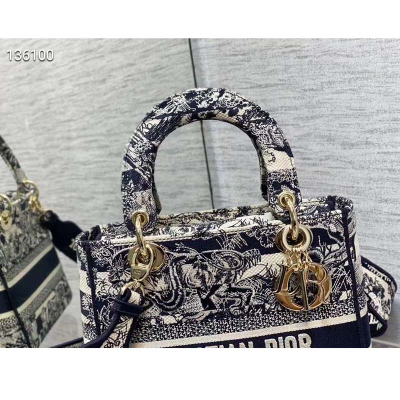 Dior Women Medium Lady D-Lite Bag Navy Blue Toile de Jouy Stripes Embroidery