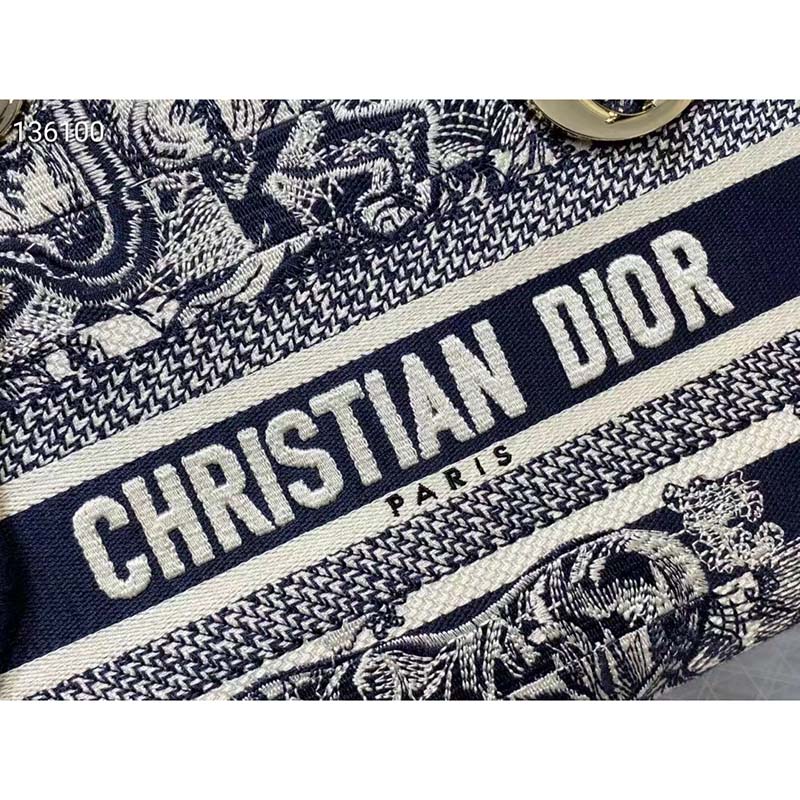 Dior Women Medium Lady D-Lite Bag Navy Blue Toile de Jouy Stripes Embroidery