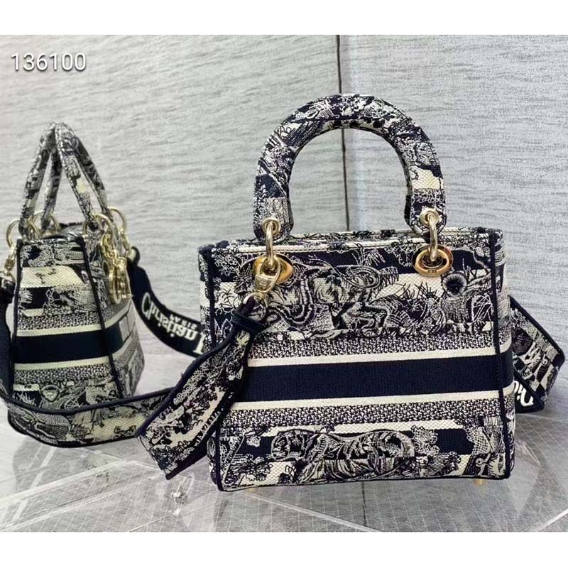 Dior Women Medium Lady D-Lite Bag Navy Blue Toile de Jouy Stripes Embroidery