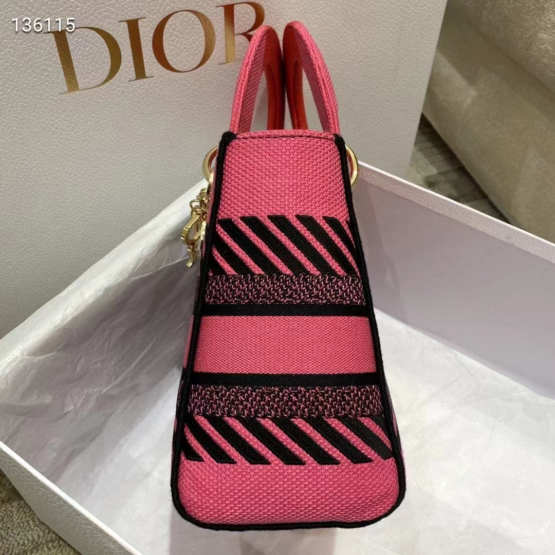 Dior Women Medium Lady D-lite Bag Bright Pink Multicolor D-Flower Pop Embroidery