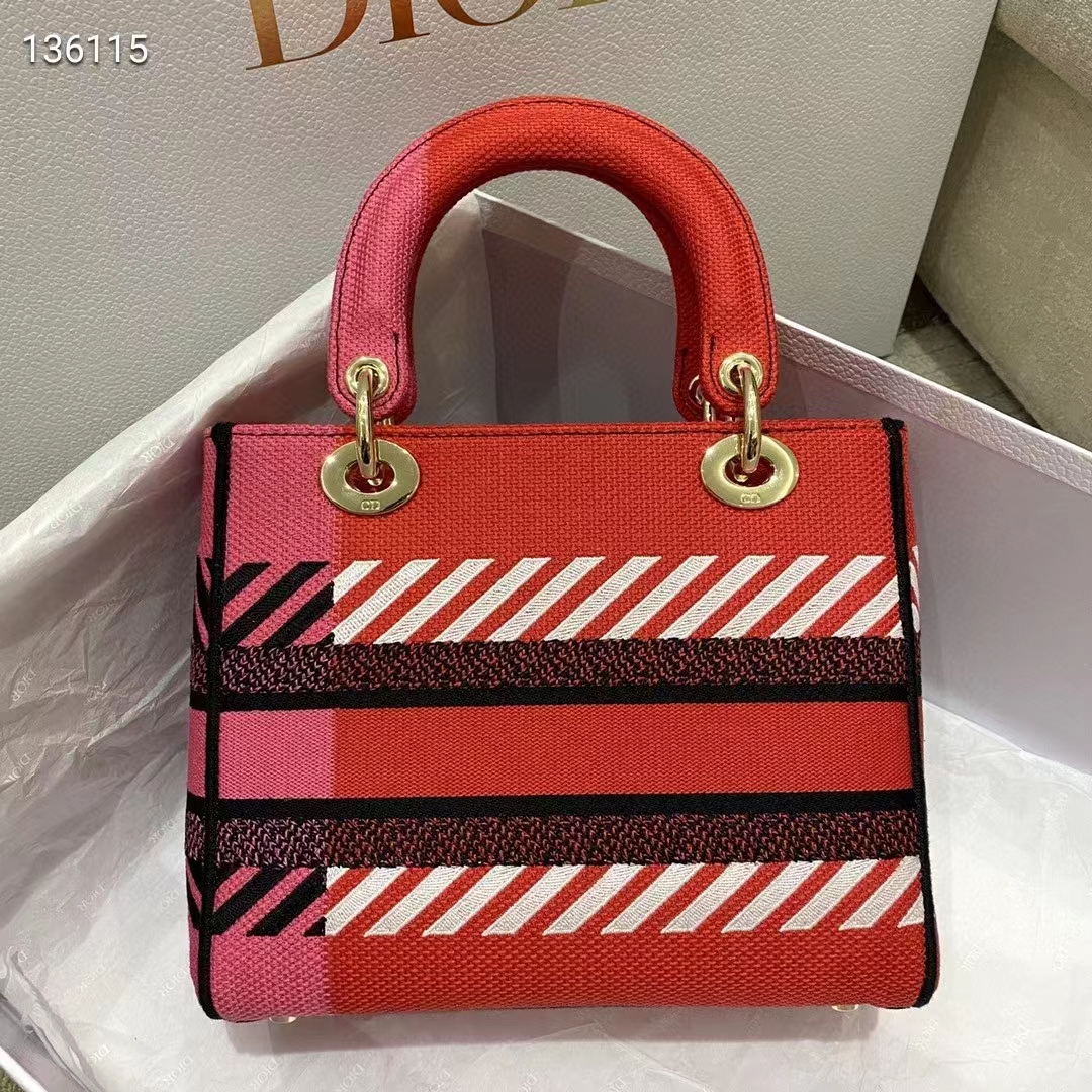 Dior Women Medium Lady D-lite Bag Bright Pink Multicolor D-Flower Pop Embroidery