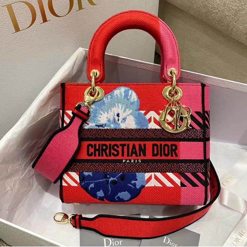 Dior Women Medium Lady D-lite Bag Bright Pink Multicolor D-Flower Pop Embroidery